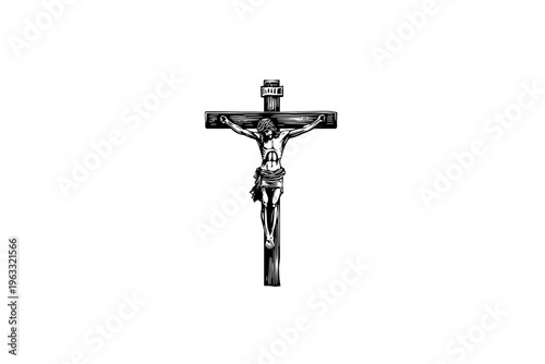 Crucifix vector illustration, black and white isolated religious symbol for Easter, church faith logo and spiritual print.