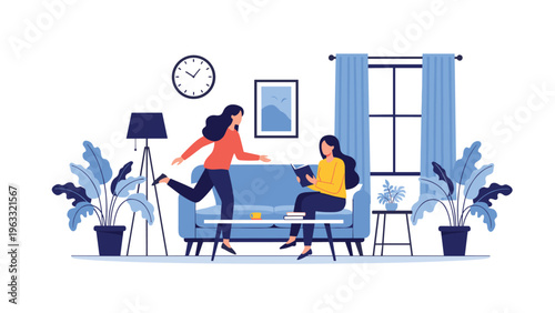 Friends enjoying leisure time together in modern living room where one woman is reading a book and another is running towards her happily.