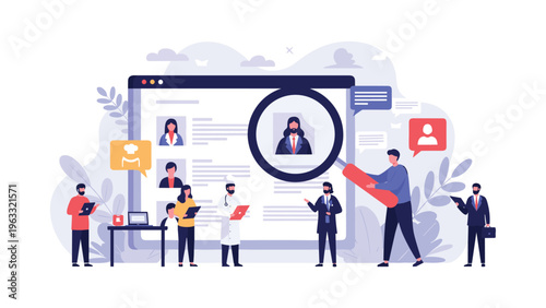 Human resources team searching for candidates on digital platform using magnifying glass to find best professional talent for recruitment.