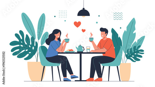 Romantic couple enjoying tea or coffee date at cafe table with hearts floating above expressing love and happiness during their conversation.