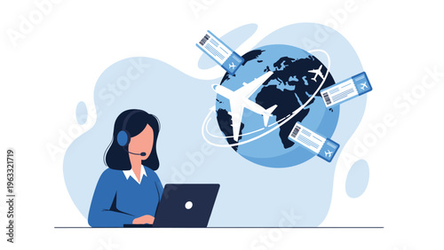 Travel agent working on laptop with headset providing customer support for global flight bookings and airline ticket reservations online.