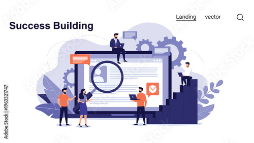 Corporate recruitment team building success by searching for top talent on professional digital platform using magnifying glass for selection.