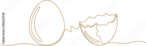 Minimalist golden continuous line vector illustration of whole egg and cracked eggshell, elegant artwork symbolizing transformation and change