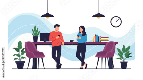 Colleagues taking break in modern office common area while using smartphones for social media and communication near work desk and chairs.