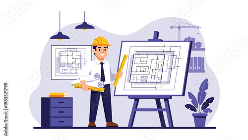 Professional architect in yellow hard hat holding rolled blueprints while standing next to technical drawing board in construction design office.