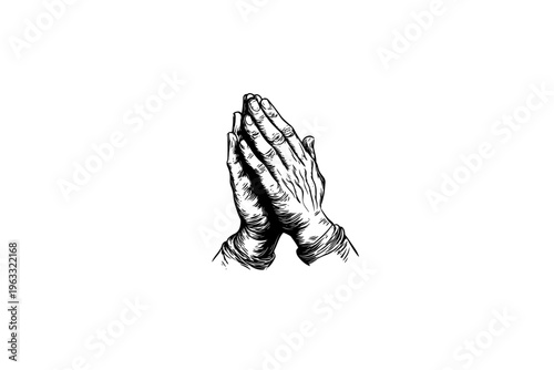 Hands praying vector illustration, black and white isolated religious symbol for Easter, church faith logo and spiritual print.