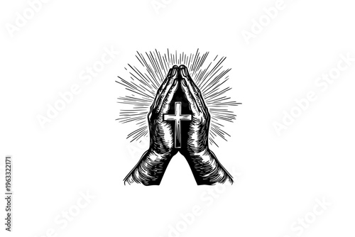 Hands and holy cross vector illustration, black and white isolated 