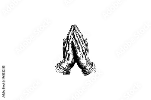 Hands pray vector illustration, black and white isolated religious symbol, church faith logo and spiritual print.