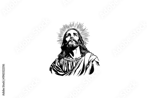 Jesus vector illustration, black and white isolated religious symbol for Easter, church faith logo and spiritual print.