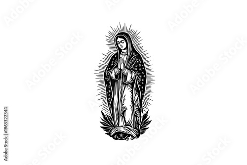Lady of Guadalupe vector illustration, black and white isolated religious symbol for church faith logo and spiritual print.