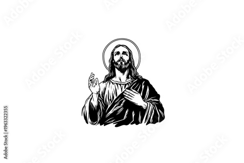 Jesus vector illustration, black and white isolated religious symbol, church faith logo and spiritual print.