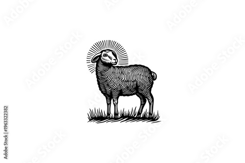 Lamb vector illustration, black and white isolated religious symbol for Easter, church faith logo and spiritual print.