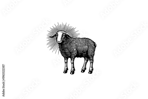Lamb saint vector illustration, black and white isolated religious symbol for Easter, church faith logo and spiritual print.
