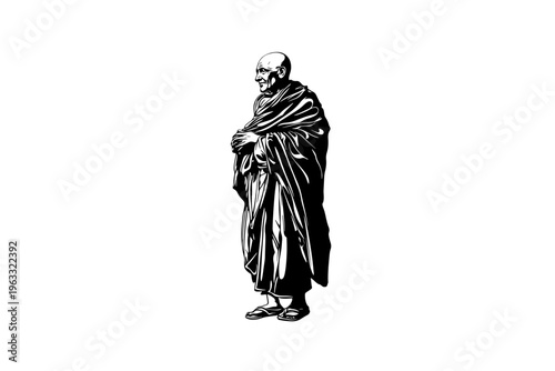 Monk vector illustration, black and white isolated religious symbol, church faith logo and spiritual print.