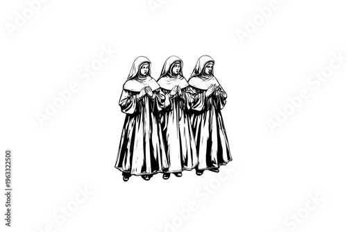 Nuns vector illustration, black and white isolated religious symbol