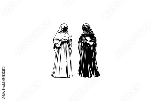Nun vector illustration, black and white isolated religious symbol, church faith logo and spiritual print.