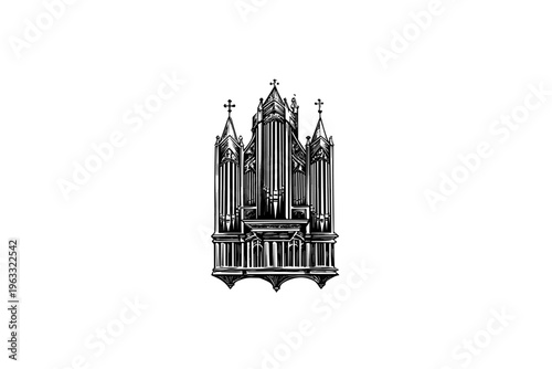 Organ vector illustration, black and white isolated religious symbol church faith logo and spiritual print.