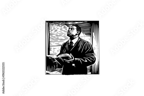 Pastor black man vector illustration, black and white isolated religious symbol, church faith logo and spiritual print.