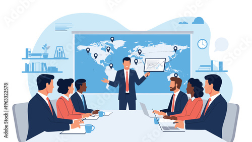 Global business strategy meeting where a professional presents data on a world map to a diverse team of executives in a modern boardroom.