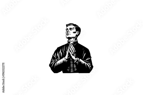 Priest father vector illustration, black and white isolated religious symbol, church faith logo and spiritual print.