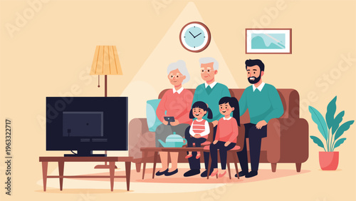 Multi-generational family sitting together on a comfortable sofa in their living room while watching television in a warm domestic scene.