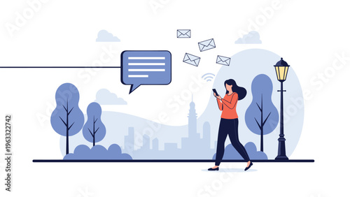 Professional woman walking on urban street while using smartphone for digital communication and sending emails through mobile internet.