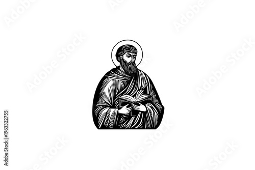 Saint man glory halo vintage vector illustration, black and white isolated