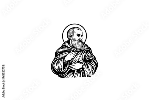 Saint man vector illustration, black and white isolated religious symbol, church faith logo and spiritual print.