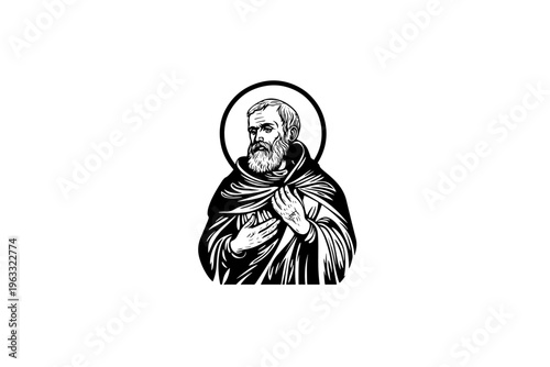 Saint vector illustration, black and white isolated religious symbol, church faith logo and spiritual print.