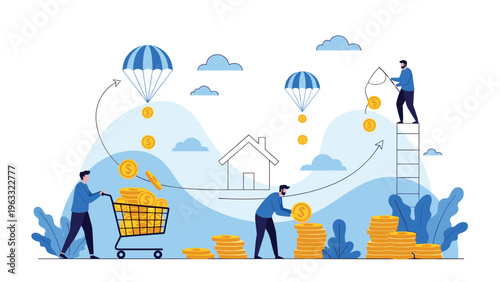People managing financial wealth through strategic investment and saving as money falls from sky with parachutes for business prosperity.