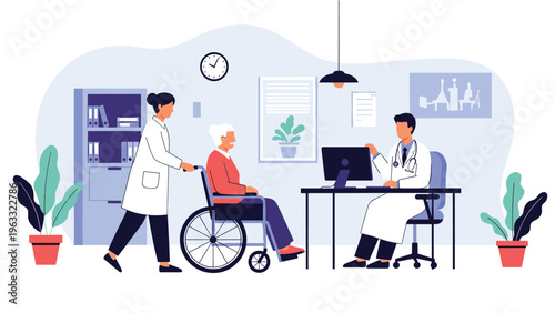 Medical consultation in clinic where doctor is discussing health with elderly woman in wheelchair while nurse provides support and assistance.