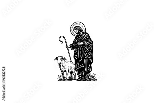 Shepherd vector illustration, black and white isolated religious symbol for Easter, church faith logo and spiritual print.