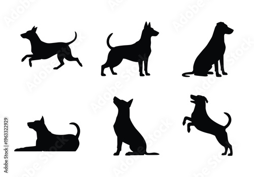 Six black dog silhouettes in various poses against a white background