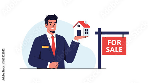 Professional male real estate agent in a dark suit holds a small model house standing next to a red for sale sign on a white background.