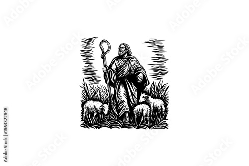 Shepherd with ships vector illustration, black and white isolated religious symbol for Easter, church faith logo and spiritual print.