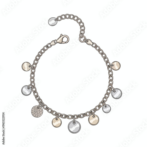 Ornate chain bracelet with assorted circular charms, some textured, attached