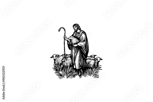 Shepherd vector illustration, black and white isolated religious symbol, church faith logo and spiritual print.