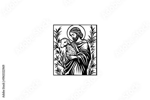 Shepherd saint with lamb vector illustration, black and white isolated religious symbol