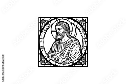 Stained glass Saint man vector illustration, black and white isolated religious symbol, church faith logo and spiritual print.