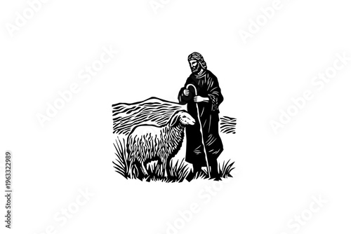 Shepherd vector illustration, black and white isolated religious symbol for Easter, church faith logo and spiritual print.