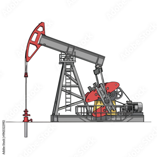 Gray and red mechanical oil pump jack stands on a white background, with a long rod extending downward
