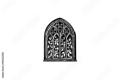 Stained glass window vector illustration, black and white isolated 