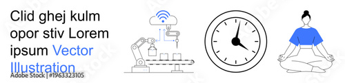 Automation, productivity, wellness, time tracking, precision, mindfulness. Robotic arm assembling objects, analog clock person meditating. Automation and productivity in work-life balance concepts