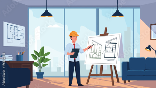 Professional male architect in a yellow hard hat and blue shirt presents a building blueprint on a wooden easel inside a modern office.