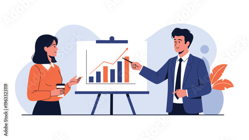 Business woman and man in formal attire stand by an easel with a growth chart during a corporate presentation in a professional setting.