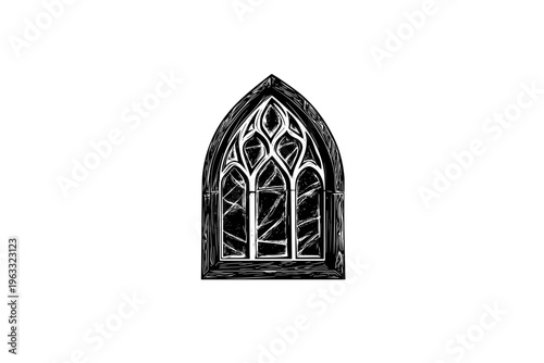 Stained glass window vector illustration, black and white isolated 