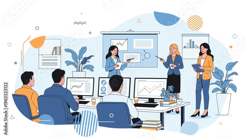 Corporate business team sits at a long table during a productive meeting with data charts and graphs displayed on various screens.