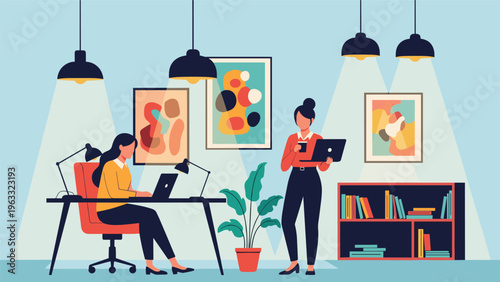 Two creative professional women work diligently in a modern office studio featuring colorful abstract art and vibrant indoor plants.