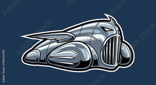 Futuristic Chrome Spaceship with Wings and Grille.