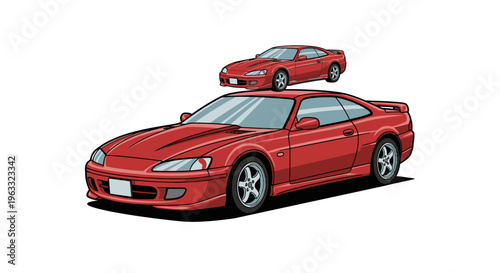 Two Red Sports Cars One On Top Of The Other.